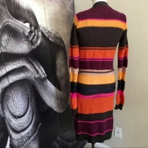 H&M Long Cardigan XS NWT Wool Striped Belted Tunic Colorful Striped Cozy Warm - Picture 7 of 10
